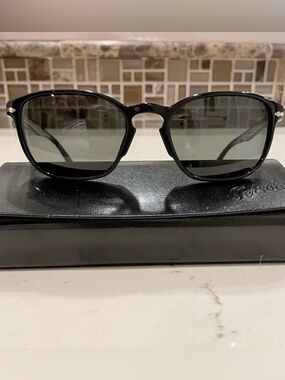 Persol Black Frame Sunglasses with Dark Green Lenses